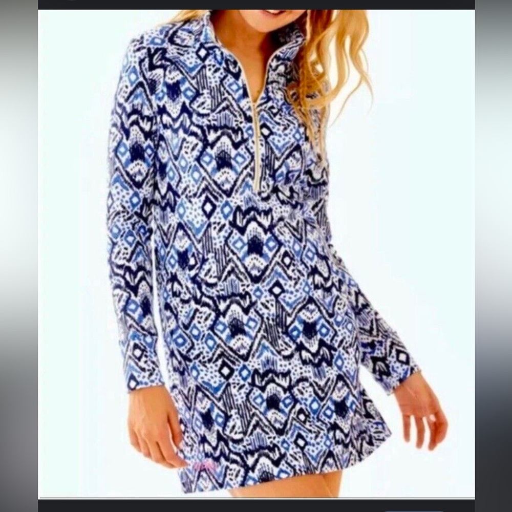 Lilly Pulitzer Women's Skipper Popover Dress Oh My Cod Blue White Size Small